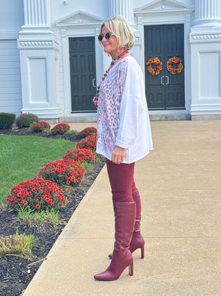 LEOPARD/FLORAL PRINT V-NECK SWEATER