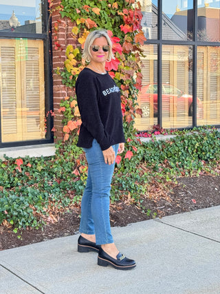 CHENILLE BLACK CREW BEACHTIME SWEATER - Cathys Place