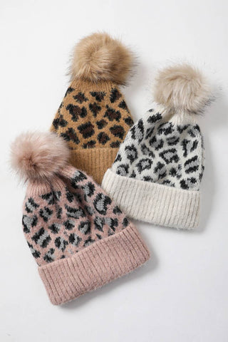 🐆 Leopard Knit Beanie with Pom Pom - 5 Colors Leto Accessories