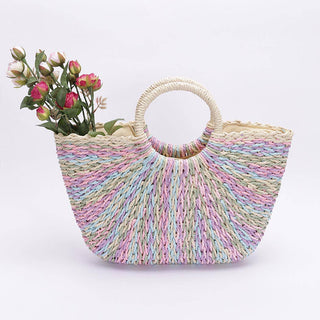 Faux Straw Multi Color Round Handle Tote Bag 3AM BY H&D ACCESSORIES