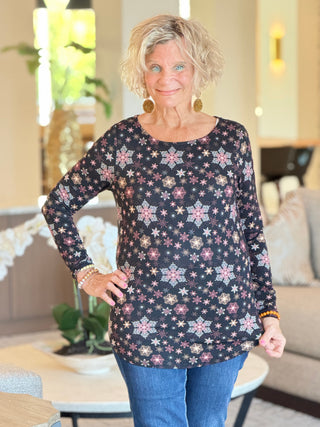 SNOWFLAKE PRINT LONG SLEEVE BOAT NECK TOP Cathys Place