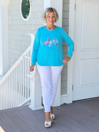 BEACH CLUB AQUA SAILBOAT SWEATER LULU-B