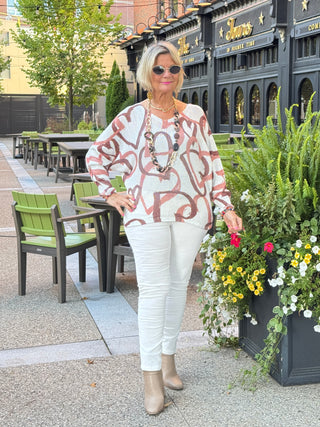 One Size Beige Heart Printed Knitted Sweater