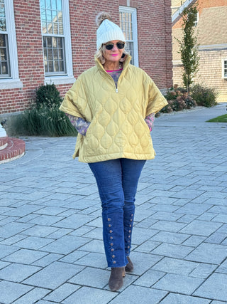 Quilted Short Sleeves Puffer Pullover Poncho Mustard Cathys Place