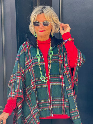 Flannel Plaid Zip Front Poncho GREEN AND RED