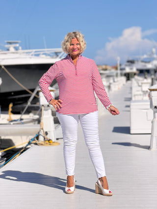 NAUTICAL RED STRIPED HALF ZIPPER TOP LULU-B