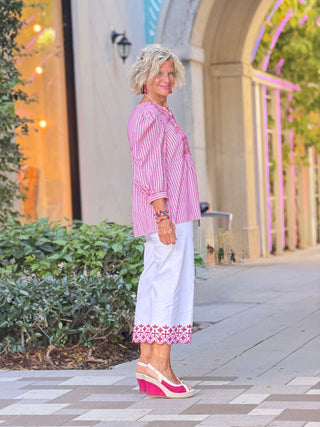 Women's Embroidered Placket Stripe Blouse Cathys Place