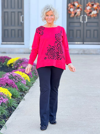 Women's Floral Placement Eyelash Sweater RED Cathys Place