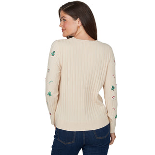Women's Embroidered Christmas Motif Cable Sweater Cathys Place
