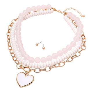 Enamel Heart Pendant Accent Chunky Beaded Layered Statement Necklace Sensibling Corp.