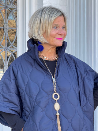 Quilted Short Sleeves Puffer Pullover Poncho Navy