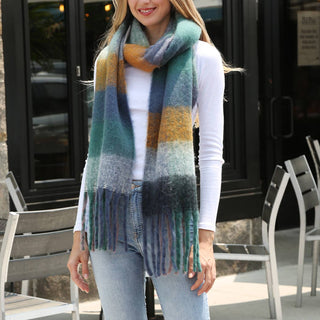 Multi-Color Plaid Oblong Scarf Shawl with Fringe Fashion City