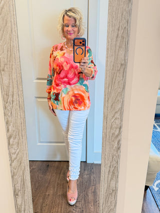 Women's Scalloped Neck Bold Floral Knit Top Cathys Place