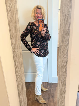 SNOWFLAKE PRINT LONG SLEEVE BOAT NECK TOP Cathys Place