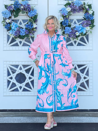 Elegant Floral Button-Down Maxi Dress with Belt CATHYS RESORTWEAR