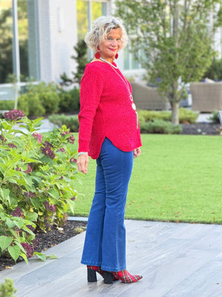 Women's Luster Chenille V-Neck Cable Sweater RED Cathys Place