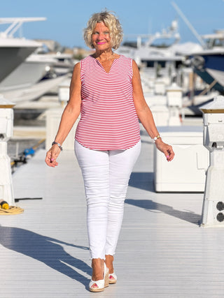 NAUTICAL RED STRIPED NOTCH SLEEVELESS TOP LULU-B