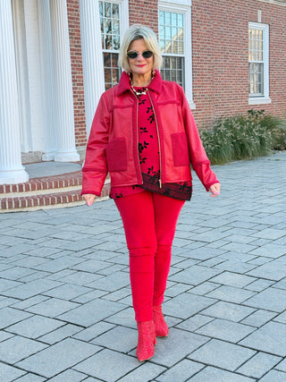 Women's Faux Leather Shearling Zip Front Jacket RED Cathys Place