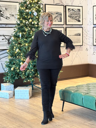 LULU-B BLACK SCOOP NECK FRINGE FANCY SWEATER