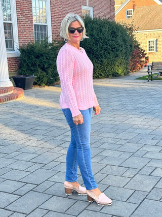 Cable-Knit Cotton PINK  V-Neck Sweater