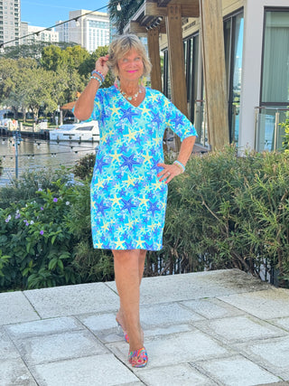 LULU B STARFISH SPLASH ELBOW SLEEVE DRESS