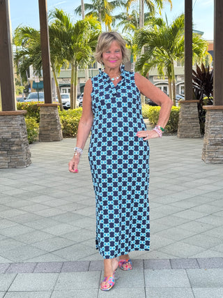 BLUE MEDALLION RUFFLE MAXI