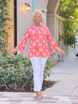 Women's Mellow Multi Starfish Puff Print Flutter Sleeve Top Cathys Place