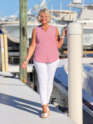 NAUTICAL RED STRIPED NOTCH SLEEVELESS TOP LULU-B