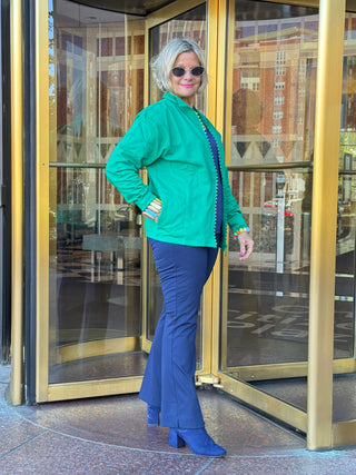 Crystal Zipper Cardigan with Collar Kelly Green