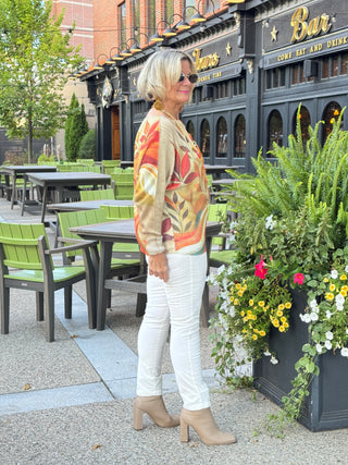 Cream Fall Leaves Round Neck Knit Printed Sweater