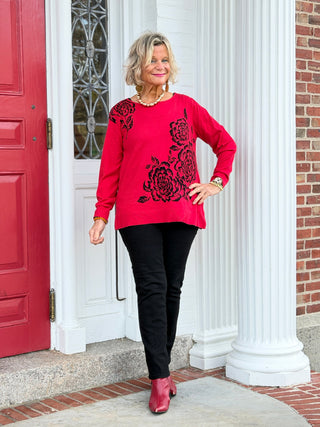 Women's Floral Placement Eyelash Sweater RED Cathys Place