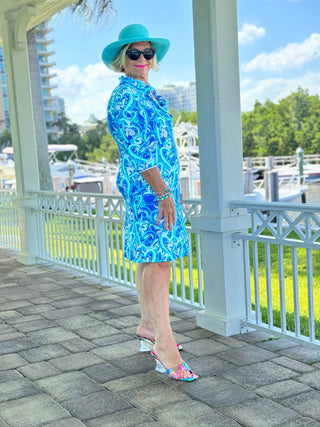 BLUE DREAMING HEART RUFFLE NECK DRESS