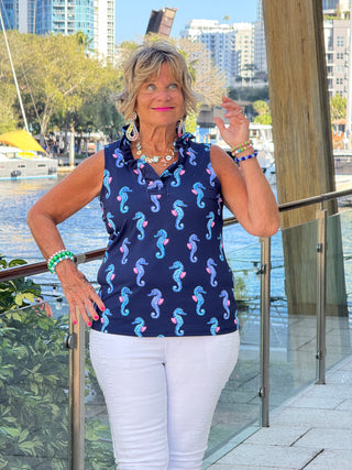 LULU B MIDNIGHT REEF SLEEVELESS RUFFLE TOP