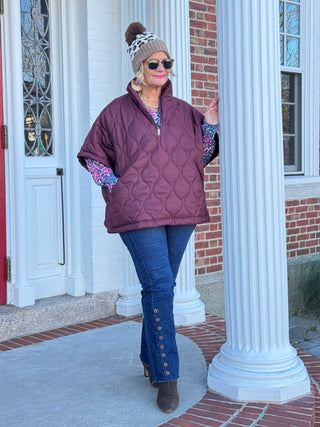 Quilted Short Sleeves Puffer Pullover Poncho Burgundy Cathys Place