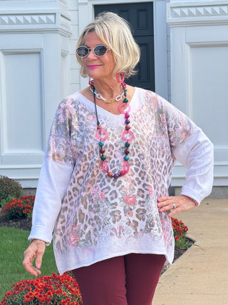 LEOPARD/FLORAL PRINT V-NECK SWEATER
