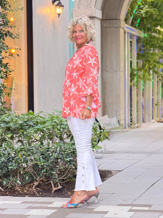 Women's Mellow Multi Starfish Puff Print Flutter Sleeve Top Cathys Place