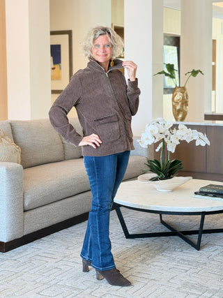 Women's Portrait Collar Velveteen Zip Front Jacket COCOA Cathys Place