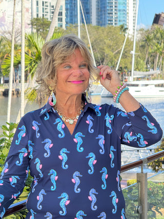 LULU B MIDNIGHT REEF 3/4 SLEEVE V-NECK COLLAR SHIRT