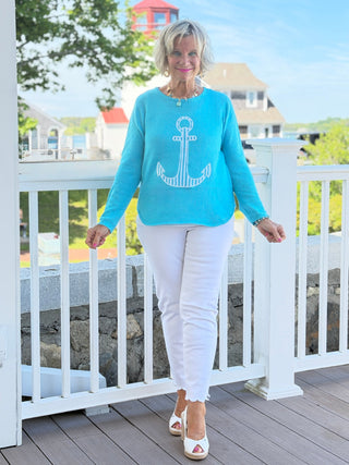 DOCKSIDE NAUTICAL AQUA STRIPE ANCHOR SWEATER Cathys Place
