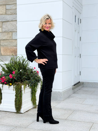 Women's Bubble Sleeve Cowl Neck Rib Knit Top BLACK Cathys Place