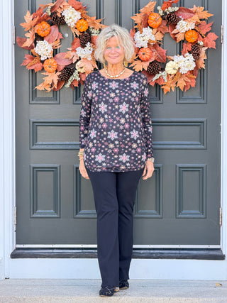 SNOWFLAKE PRINT LONG SLEEVE BOAT NECK TOP Cathys Place