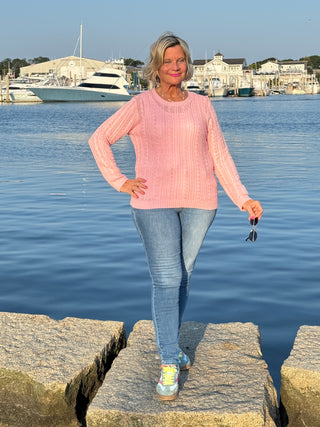 Cable-Knit Cotton PINK CREW Neck Sweater