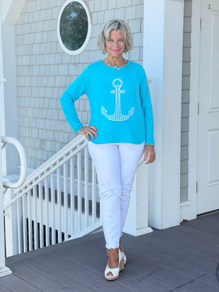 DOCKSIDE NAUTICAL AQUA STRIPE ANCHOR SWEATER Cathys Place