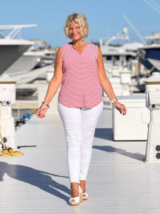 NAUTICAL RED STRIPED NOTCH SLEEVELESS TOP LULU-B