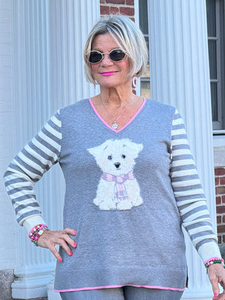 Maltese Puppy Striped Sleeve Sweater