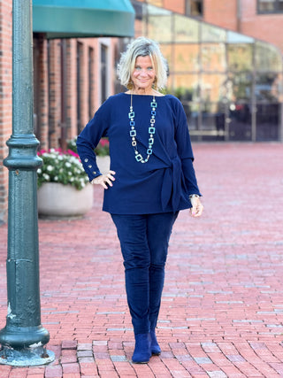 Women's Rib Knit Boat Neck Side Tie Top NAVY Cathys Place