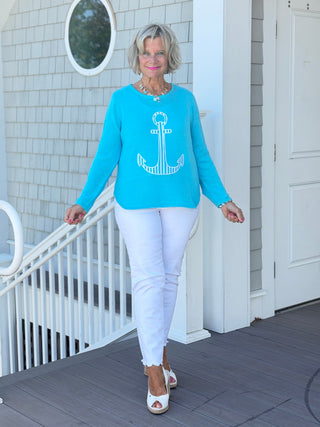 DOCKSIDE NAUTICAL AQUA STRIPE ANCHOR SWEATER Cathys Place