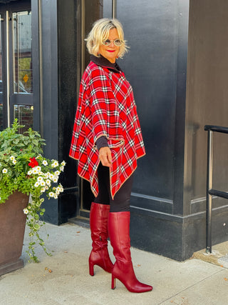 Flannel Plaid Zip Front Poncho RED AND BLACK