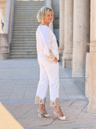 Embroidered Linen Blend Blouse - White CHARLIE B