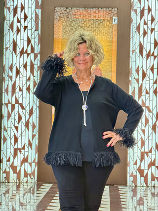 LULU-B  BLACK CASHMERE FRINGE FANCY CARDIGAN